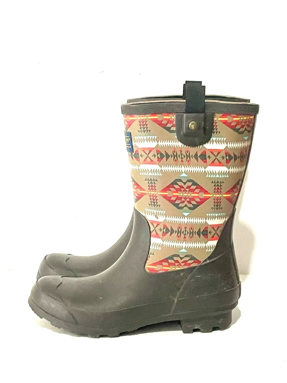 Pendleton Olive Rubber Rain Boots with Aztec Print Shaft Size 8